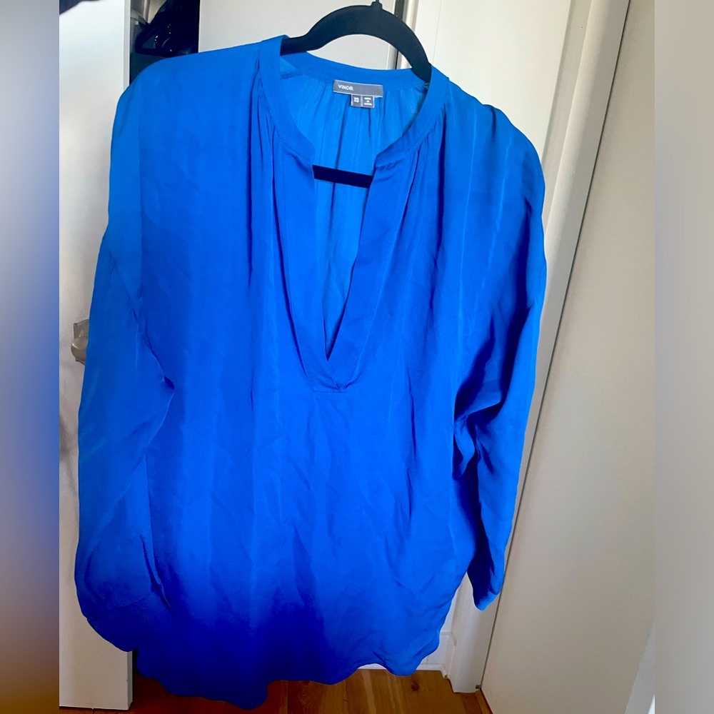 VINCE Royal Blue Collarless Silk Oversized Flowy V-neck Blouse